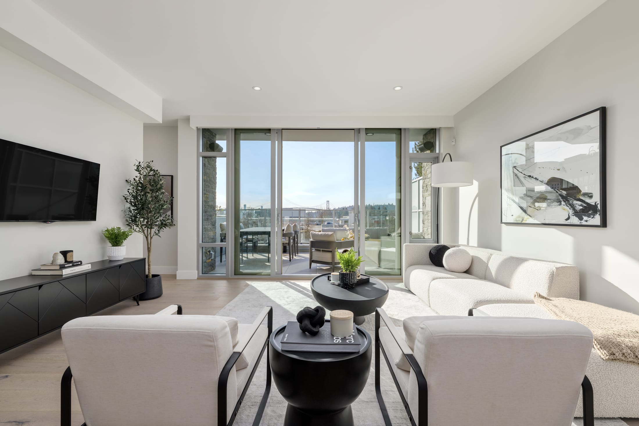 Open-concept living room at Evelyn