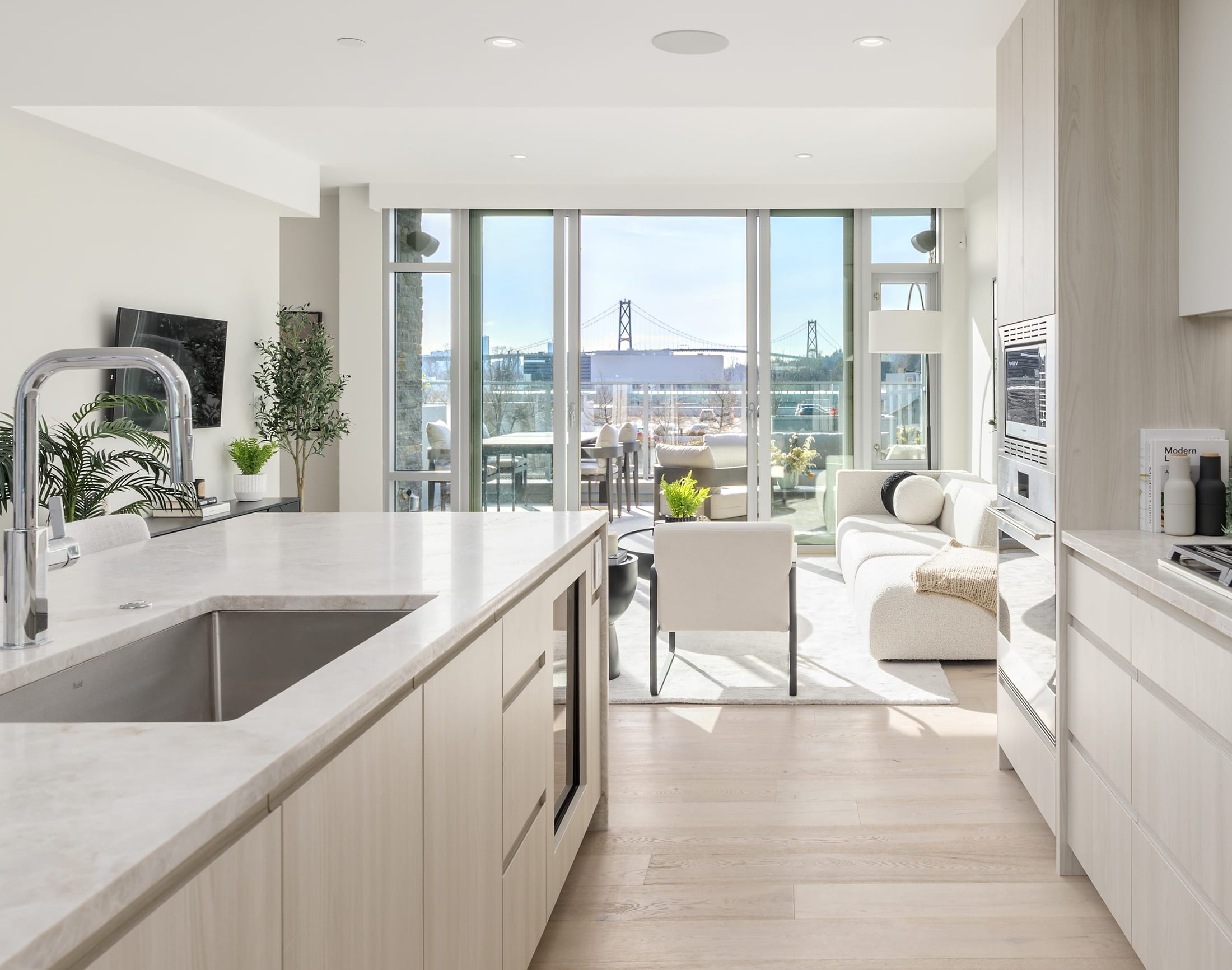 Kitchen and living with bridge view at Evelyn