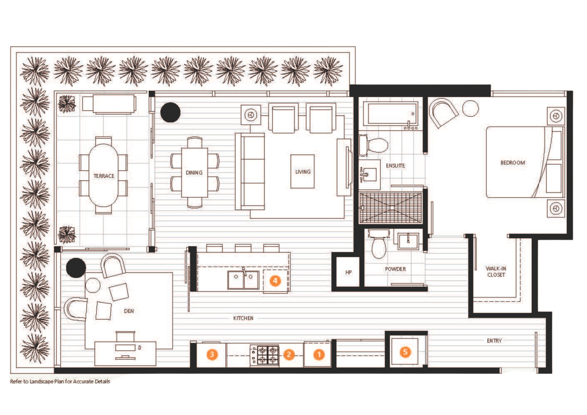 Plan A — Forest Edge condo floorplan, 1 Bedroom + Den